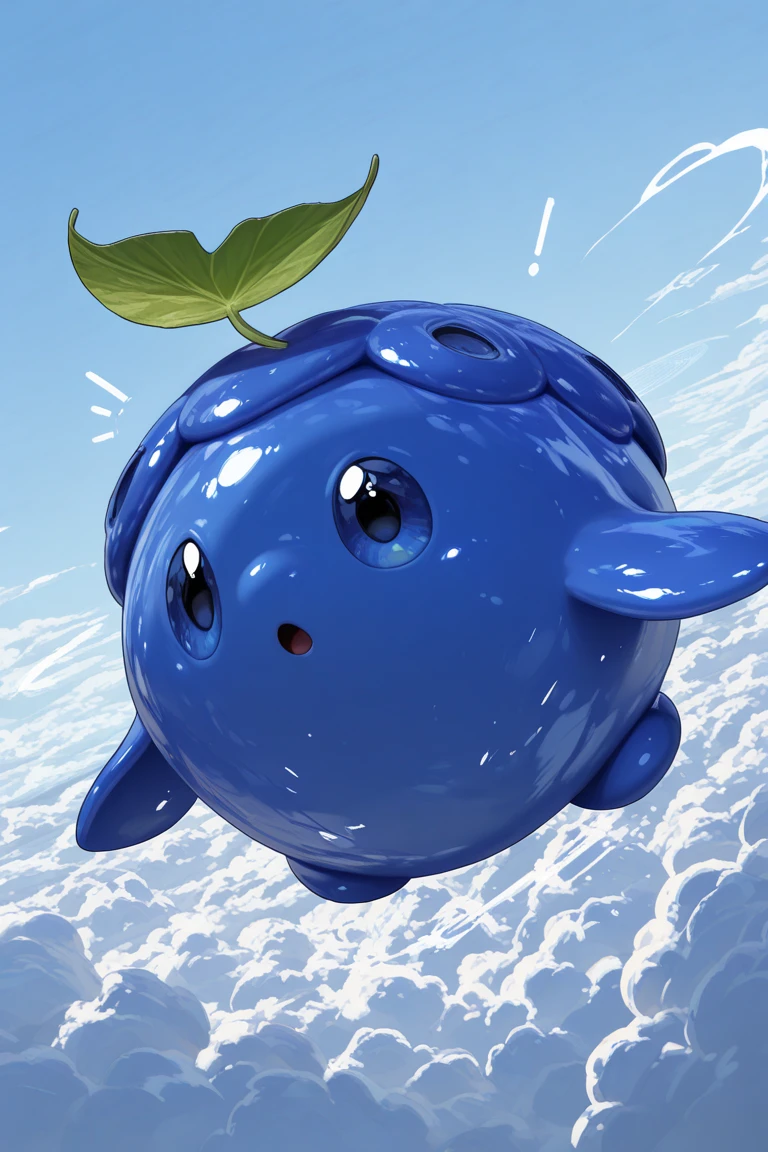 realistic shading, natural lighting, blueberry-creature focus, looking away, surprised expressive face, daberry, green_daberry_leaf on head, blue_daberry_hair, blue_daberry_eyes, 1blueberry creature, pokemon (creature), wide-eyed, constricted pupils, open mouth, fighting stance, magic circle, day outdoors sky, cloudy sky, flying above cloud, dynamic angle, intricately detailed illustration, depth of field, masterpiece, best quality, amazing quality, very aesthetic, absurdres, newest, BREAK, exclamation mark