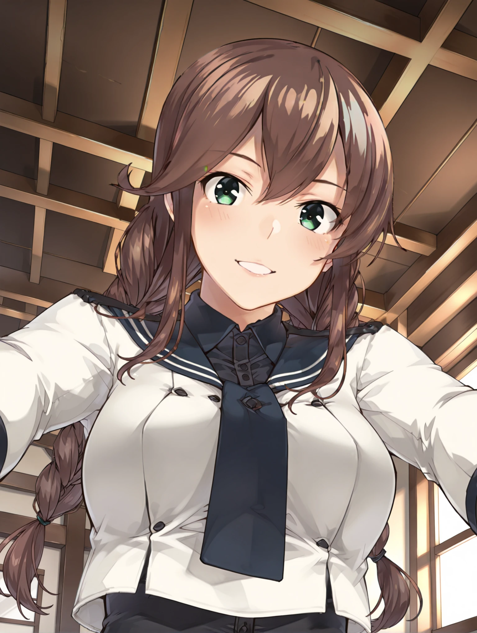 masterpiece,best quality,amazing quality,
solo,1girl,
<lora:noshiro_k2_ilxl_v1:1>,noshiro,twin braids,n_clothes,
parted lips,
<lora:Fixhands_anime_bdsqlsz_V1:1>,looking_at_viewer,upper_body,light_blush,ceiling,indoors,pov,from_below,head_down,looking_down,thinner,outstretched_arms,reaching,blush,:d,