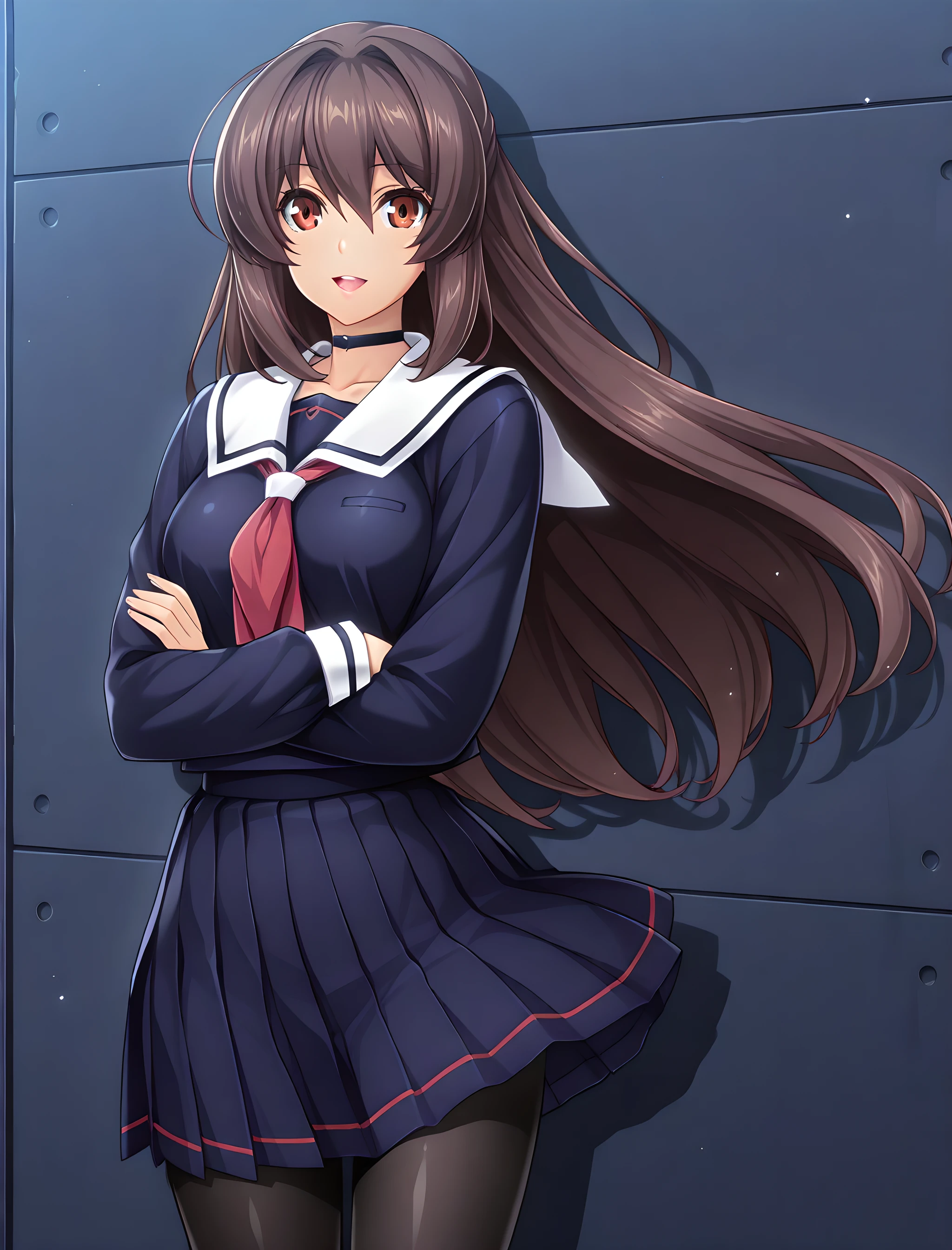 marina katsuragi, schooluni, 1girl, solo, long hair, brown hair, pantyhose, school uniform, skirt, open mouth, smile, black pantyhose, serafuku, dark alleyway background, midnight, looking at viewer, pleated skirt, cowboy shot, crossed arm,<lora:MarinaKatsuragiIllustXL:1>, (masterpiece),(best quality),(ultra-detailed),(best illustration),(best shadow),(absurdres),(detailed background),(very aesthetic),