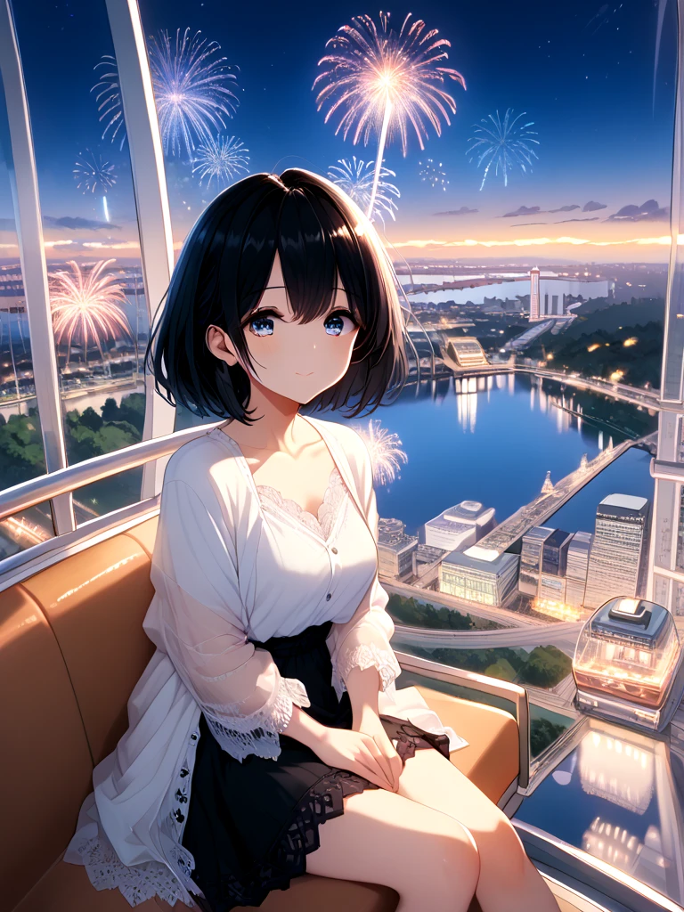 score_9, source_anime, ferris wheel interior, glass cabin interior, reflection, milf, 1girl, window, horizon, skyline, scenery, cityscape, amusement park, fireworks, aerial fireworks, city, night, city lights, night sky, sitting on seat, <lora:girllikeferriswheel_pony:1>