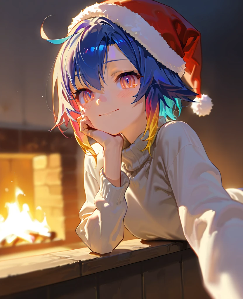 masterpiece, 1440p, 8k, UHD, amazing quality, high resolution, solo,  <lora:Plum_Stoker_NGNL_Illustrious:1> 1boy, long sleeves, turtleneck sweater, santa hat, multicolored hair, plumstoker, smile,