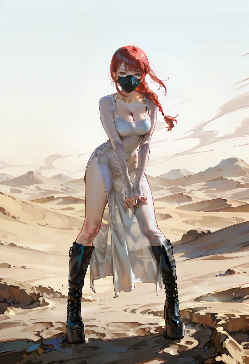 1girl,solo,looking at viewer,ikeda ruriko, desert, dust storm, sm dress, see-through,platform boots, mask, white dress, cleavage, black footwear, makima_(chainsaw_man)