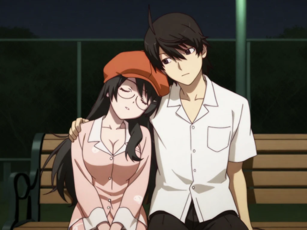 <lora:Hanekawa_Tsubasa_Illustrious:1>
8k, absurdres, high quality, masterpiece, anime screencap,
1girl, hanekawa tsubasa, 
long hair, closed eyes, black hair, glasses, 
orange cabbie hat, pink pajamas, cleavage, large breasts, 
night, dark, outdoors, 
1boy,araragi koyomi,ahoge, white shirt, 
sitting, on bench, 
side-by-side, 
hand on shoulder, arm around shoulder, black eyes, 
head on another's shoulder, head tilt,