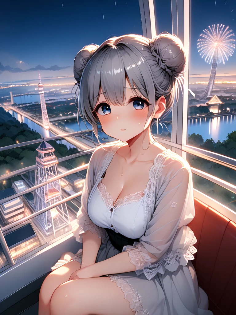 score_9, source_anime, ferris wheel interior, glass cabin interior, reflection, milf, 1girl, shy, sweat, grey hair, double bun, window, horizon, skyline, scenery, cityscape, amusement park, city, night, city lights, grey sky, raining, sitting on seat, <lora:girllikeferriswheel_pony:1>