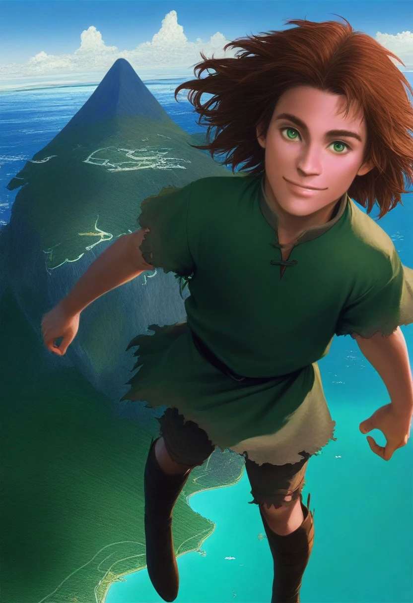 Legend&Tragedy, 1boy, fae boy, wild hair, green tunic, tattered clothes, boots, flying, flying boy, clouds, sky, ocean, island, flying over island, realistic, smile, brown hair, pretty, 4k, highly detailed, masterpiece, windy, green eyes, mountain, trees,