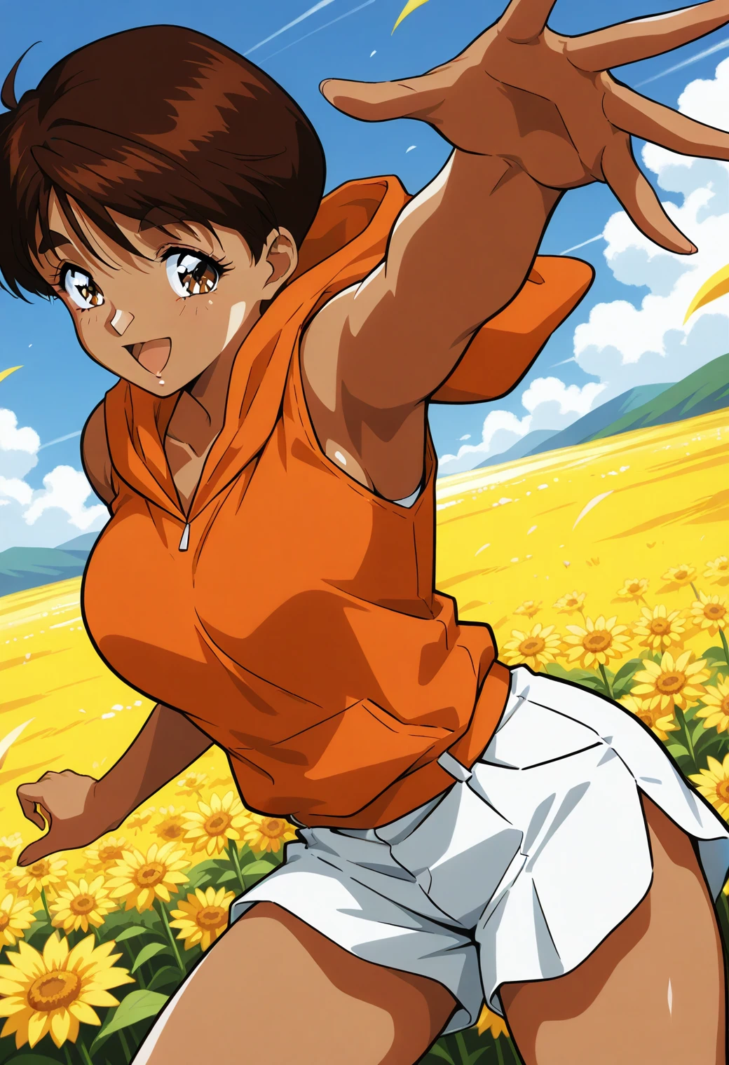 sr5_mizuki, retro artstyle, dark skin, dark-skinned female, thick eyebrows, brown eyes, brown hair, short hair, orange hoodie, sleeveless, white shorts, <lora:SR5_mizuki_illustrious_ver1:0.8>
smile, open mouth,, masterpiece, best quality, general,, 1girl, solo, (field:1.2), (blue sky:1.2), looking at viewer,, (cowboy shot, dynamic pose:1.4),