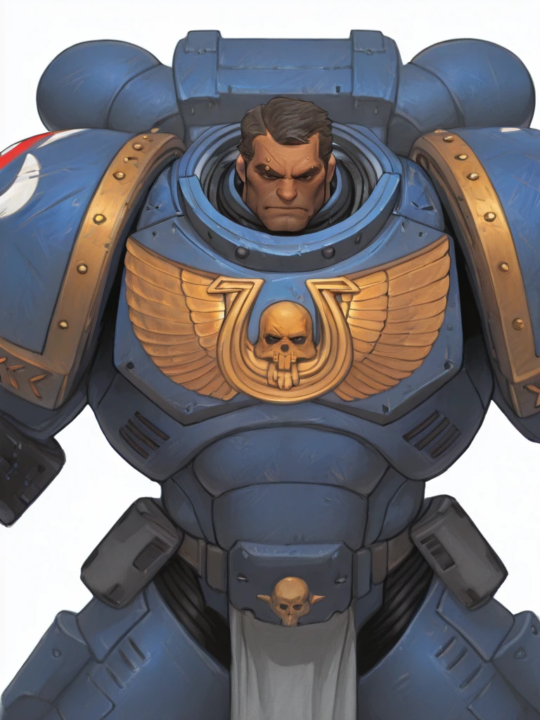 <lora:WH40K_Titus-IL:0.9> whtitus, mature male, facial scar, black hair, black eyes, solo, ultramarine, emblem, pelvic curtain, pauldrons, power armor, cowboy shot, white background, masterpiece, best quality, aesthetic, stylish painting