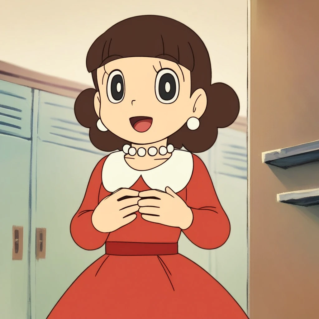 score_9, score_8_up, score_7_up, source_anime, prefect lighting, very aesthetic, intricate details, highly detailed background, high quality, perfect hands, best quality, female child, tachibana, doraemon, brown hair, curly hair with flat bangs, black eyes  red dress, red belt, pearl collar, earrings, holding skirt, standing, looking at viewer, open mouth, smile, indoors, changing room