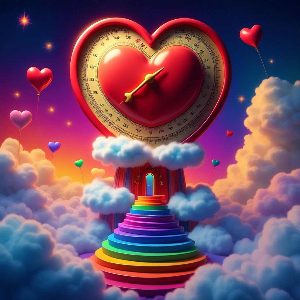 carebearland, a whimsical movie poster for a children's film , featuring a large red heart-shaped barometer atop a high pedestal. The scene is dreamlike, with fluffy clouds scattered across a bright sky, twinkling stars, and vibrant rainbows arcing gracefully. The atmosphere is enchanting, inviting children into a colorful fantasy world, digital art, vibrant colors, promoting positivity and joy, designed for a family audience.