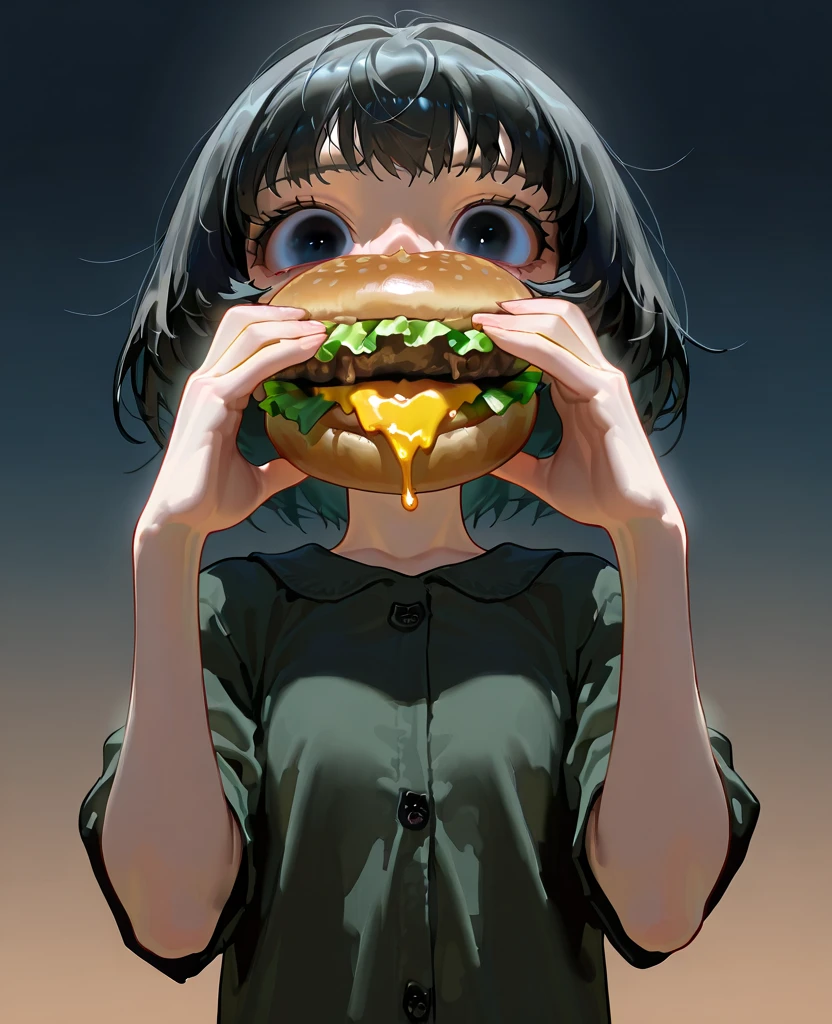 masterpiece, 1440p, 8k, UHD, amazing quality, high resolution, solo <lora:Six_Little_Nightmares_Illustrious:1> 1girl, black hair, short hair, cat, gradient background, horror \(theme\), jumper, six, solo, upper body, eating burger