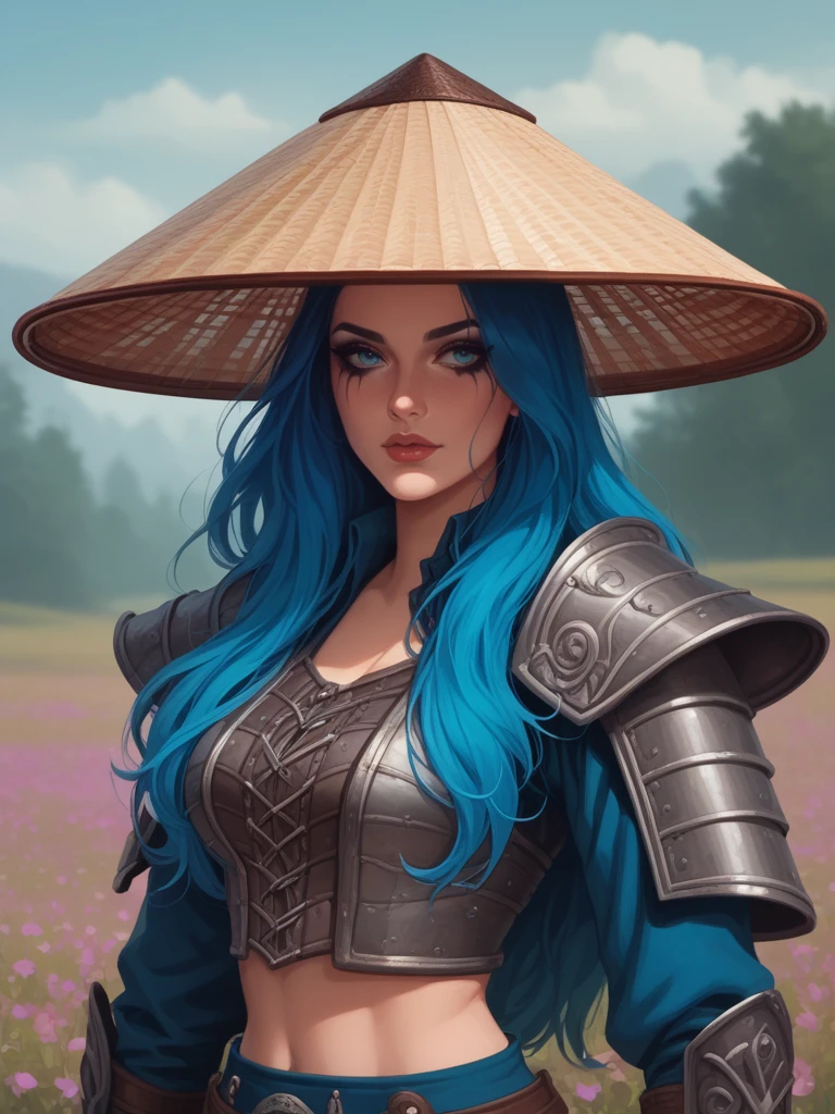 score_9, score_8_up, score_7_up, <lora:Straw_Hat-000006:1>, strawhat, conical hat, 1girl, female, armor, shoulder armor, exposed midriff, blue hair, top knot, long hair, eye makeup, lady kayura, ladykayura, <lora:Ronin_Warriors-000008:.65>