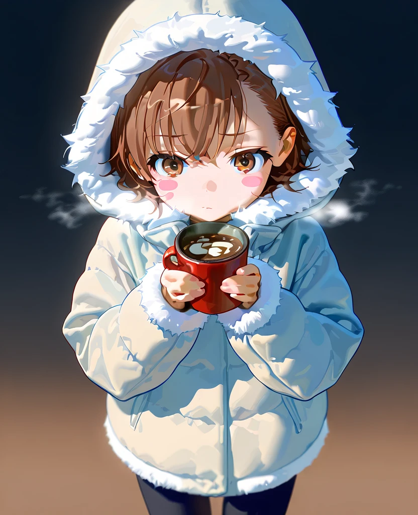 masterpiece, 1440p, 8k, UHD, amazing quality, high resolution, solo  <lora:Last_Order_Illustrious:1> 1girl, asymmetrical hair, blush stickers, brown eyes, brown hair, misaka20001 last-order, winter jacket, fur trim, sleeves past wrists, short hair, gradient background, solo, toaru, black leggings, hot chocolate, cold, holding cup, steam, hard shadows, hood up