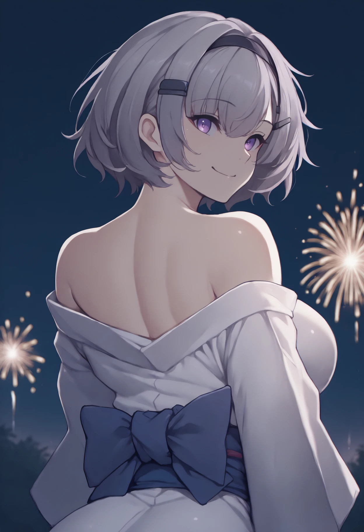 anime, masterpiece, best quality, from behind, solo, 1girl, r3nodef, smile, looking back, short hair, grey hair, hair between eyes, parted hair, sidelocks, purple eyes, hairclip, black hairband, japanese clothes, white kimono, off shoulder, blue sash, bare shoulders, outdoors, night, fireworks
<segment:yolo-Anzhc Face seg 640 v2 y8n.pt,0.4,0.5//cid=1>