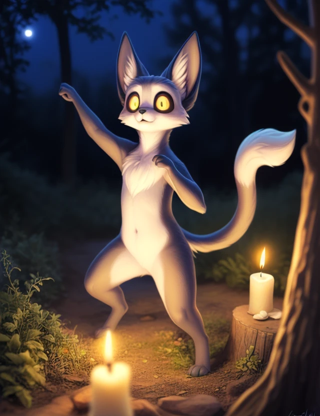 <lora:MokiVar1:1> MokiVar1, ((Large yellow eyes, white sclera, yellow pupil,)), white tip of tail, chibi, small body,
Looks at the viewer, [ solo,Night, candles, starry sky, trees, forest, ,] ((dancing , high-angle view,))
beautiful, aesthetic, perfect, delicate, intricate, saturated colors, masterpiece, digital drawing, best quality,
by Lostgoose, by Silverfox5213, by Joaqun Sorolla