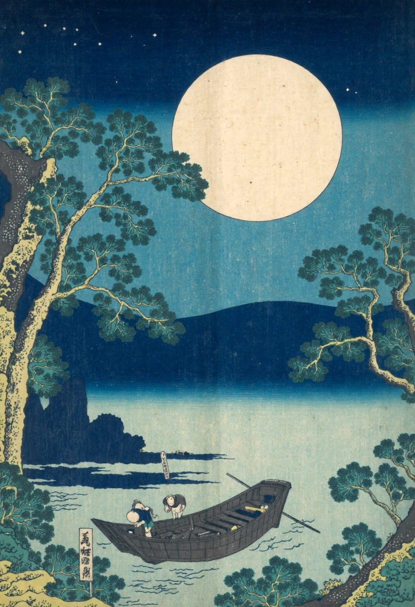 Ukiyo-e style by Katsushika Hokusai of a serene night scene, the focal point is a large, full moon illuminating the sky, casting a soft glow over a calm, reflective lake, the lake is calm and still, reflecting the moonlight and creating a mirror-like effect on its surface, in the foreground, there is a small wooden boat with a single oar, partially submerged in the water, the boat is weathered and worn, adding to the rustic charm of the scene, to the left of the boat, there are tall, slender trees with thick, dark trunks and branches, their branches covered in a thick, moss-like substance, the trees are silhouetted against the night sky, which is filled with stars, adding a mystical, ethereal quality to the image, the background features a dense, misty forest with more trees and bushes, creating a sense of depth and isolation, the overall mood is peaceful and tranquil, with a hint of mystery and tranquility,<lora:CustomFlux/Katsushika_Hokusai.safetensors:1.0:1.0>