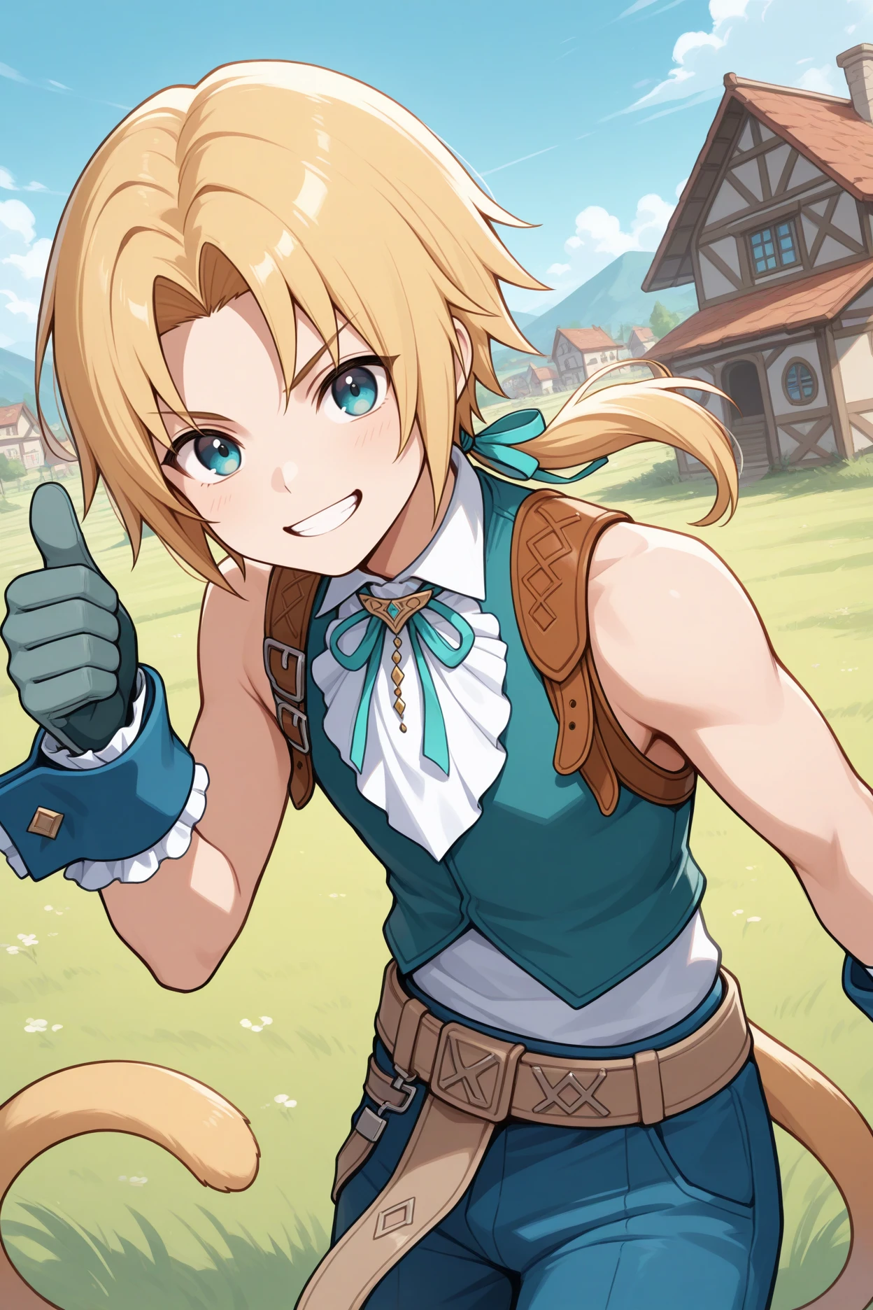 masterpiece, best quality, 1boy, solo, male focus,  <lora:ffzidane-illu-nvwls-v1-000005:1> z1d4ne, blonde hair, parted bangs, low ponytail, blue eyes, tail, white shirt, sleeveless shirt, white shirt, white ascot, neck ribbon, blue vest, gloves, wrist cuffs, belt, blue pants, upper body, looking at viewer, grin, happy, hand up, thumbs up, village, blue sky, field