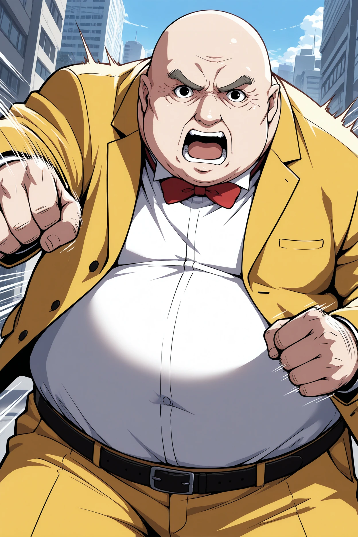 masterpiece, best quality, 1boy, solo, male focus,  1boy, solo, male focus, 1boy, solo, male focus, <lora:p5principal-illu-nvwls-v1-000006:1> p5principal, obese, fat man, bald, black eyes, thick eyebrows, yellow jacket, formal, white shirt, red bow tie, belt, yellow pants, serious, incoming punch, motion lines, looking at viewer, yelling, city, dynamic pose, motion blur, screaming