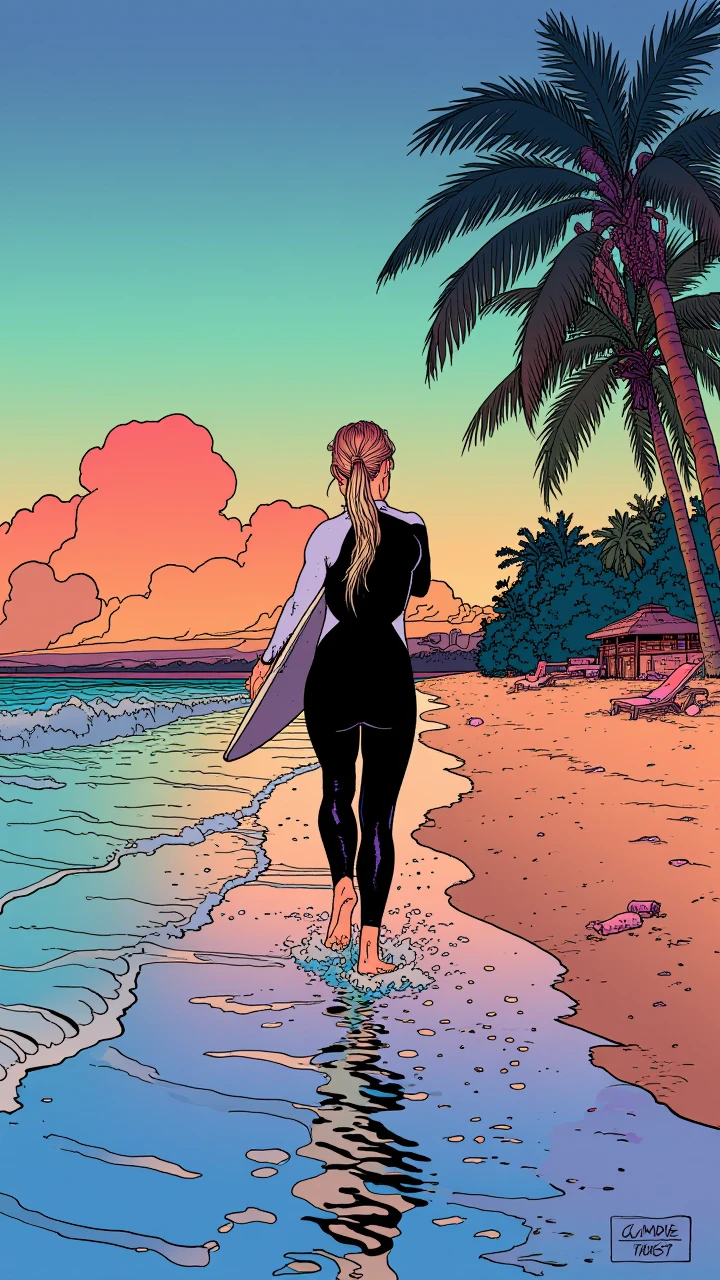 illustration in mb artstyle, long-shot of a 30 year old woman with a blonde ponytail in a soaked black wetsuit with white accents stepping out of the water and walking towards the viewer. sandy tropical beach during sundown. under her arm she is holding a surfboard.