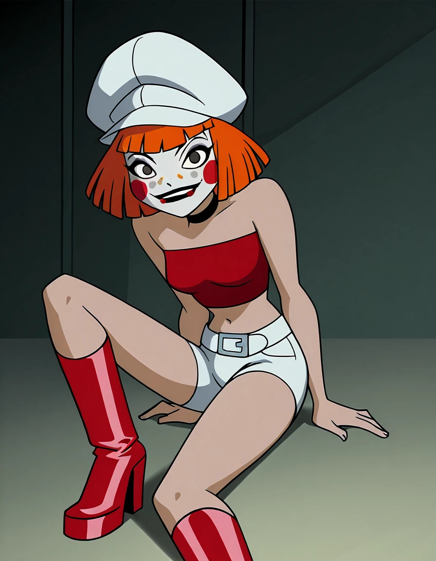 1girl, Masterpiece, detailed, highres, latex black socks, black latex bra, black latex panties, orange eyes, short hair, small demon horns, sharp teeth, evil smile, orange hair, standing, arms on back, bottom, looking at viewer, simple background, solo, Alone