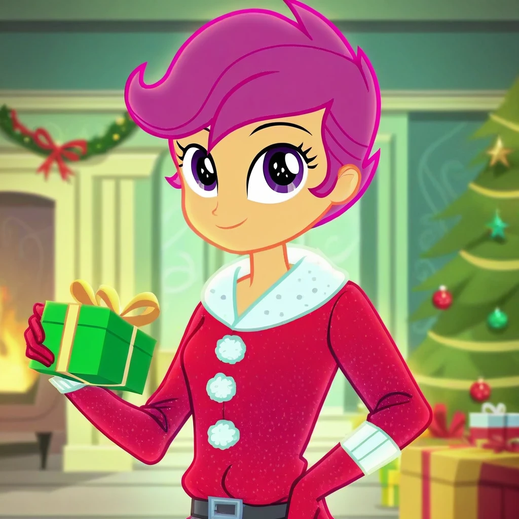 score_9, score_8_up, score_7_up, source_anime, prefect lighting, very aesthetic, intricate details, highly detailed background, high quality, perfect hands, best quality, 1girl, solo, my little pony, equestria girls, scootaloo, light gamboge skin, purple hair, purple eyes, santa outfit, living room, christmas decoration, christmas tree, holding present box, looking at viewer, smile,