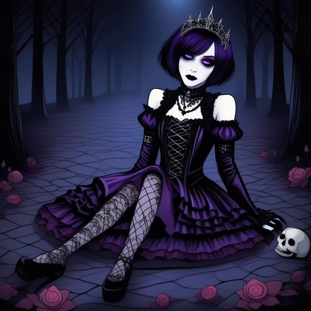 Gothic style  <lora:gothichic- sdxl1.0:0.8> gothichic, a beautiful girl wearing purple outfit, short hair lying on the floor in a park . Dark, mysterious, haunting, dramatic, ornate, detailed