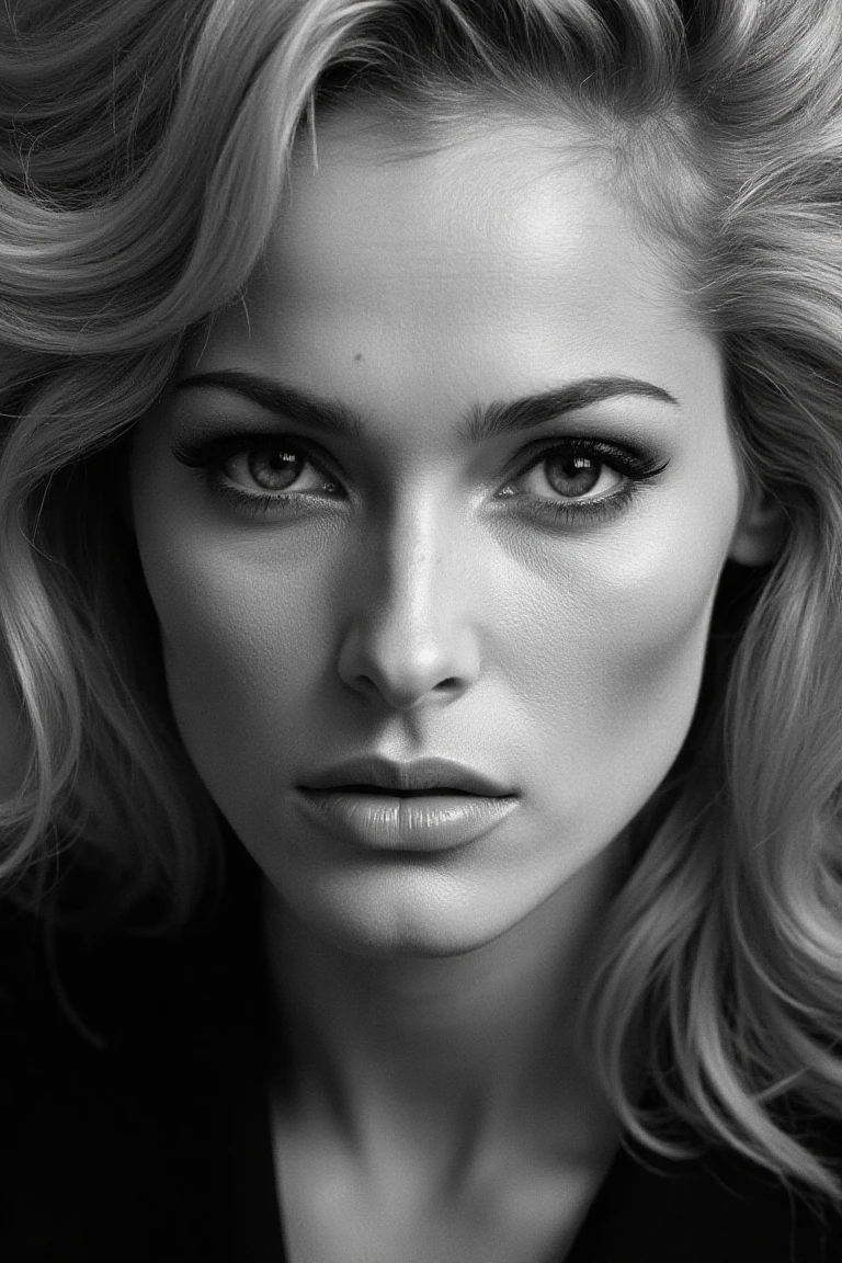 black and white portrait inspired by Peter Lindbergh's photographic style, a blonde woman looking directly into the camera with an intimate and deep expression.,ursulaflx