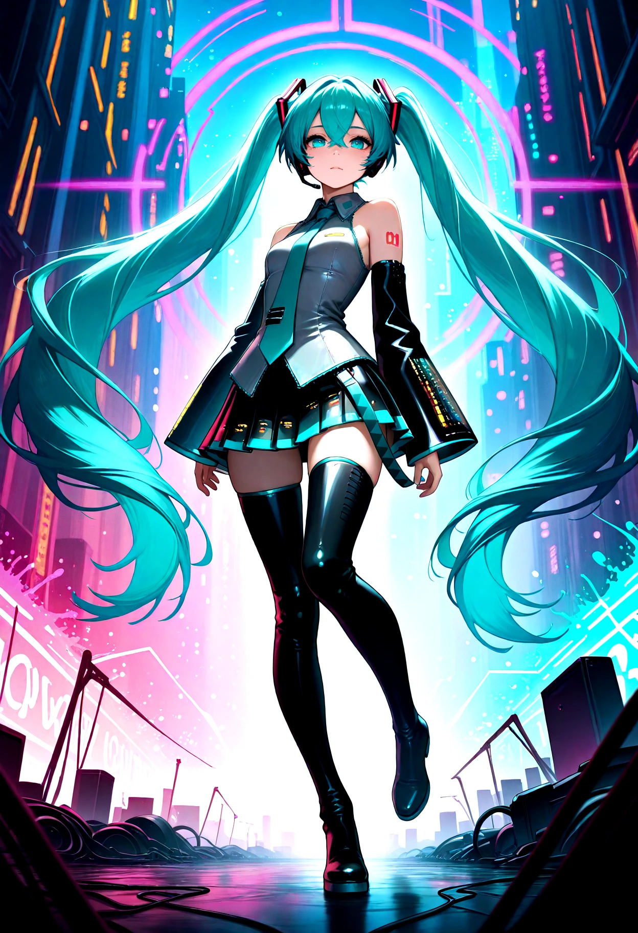 IllusP0s, 1girl, Techwear fashion, looking at viewer, hatsune miku, aqua eyes, aqua hair, crossed bangs, hair between eyes, hair ornament, headphones, long hair, twintails, aqua necktie, black footwear, black skirt, black sleeves, boots, collared shirt, detached sleeves, grey shirt, necktie, pleated skirt, shirt, skirt, sleeveless, sleeveless shirt, thigh boots, tie clip, dynamic pose, colorful background, artistic background, splash of glowing paint, thrown paint, magical glow, futuristic, cyberpunk, urban, tactical, sleek, dark,