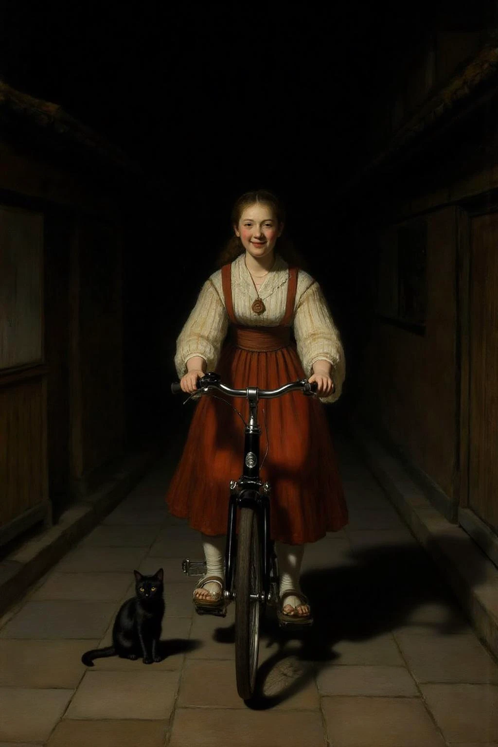 rembr2 painting
A Japanese girl riding a old style bicycle through a narrow, quiet street at night. The happy woman wears a simple, flowing dress. In the corner, a small black cat with piercing eyes sits watching her quietly.
<lora:rembr_paint1_semicap_d6a3:1.0><lora:812151137403851587:0>