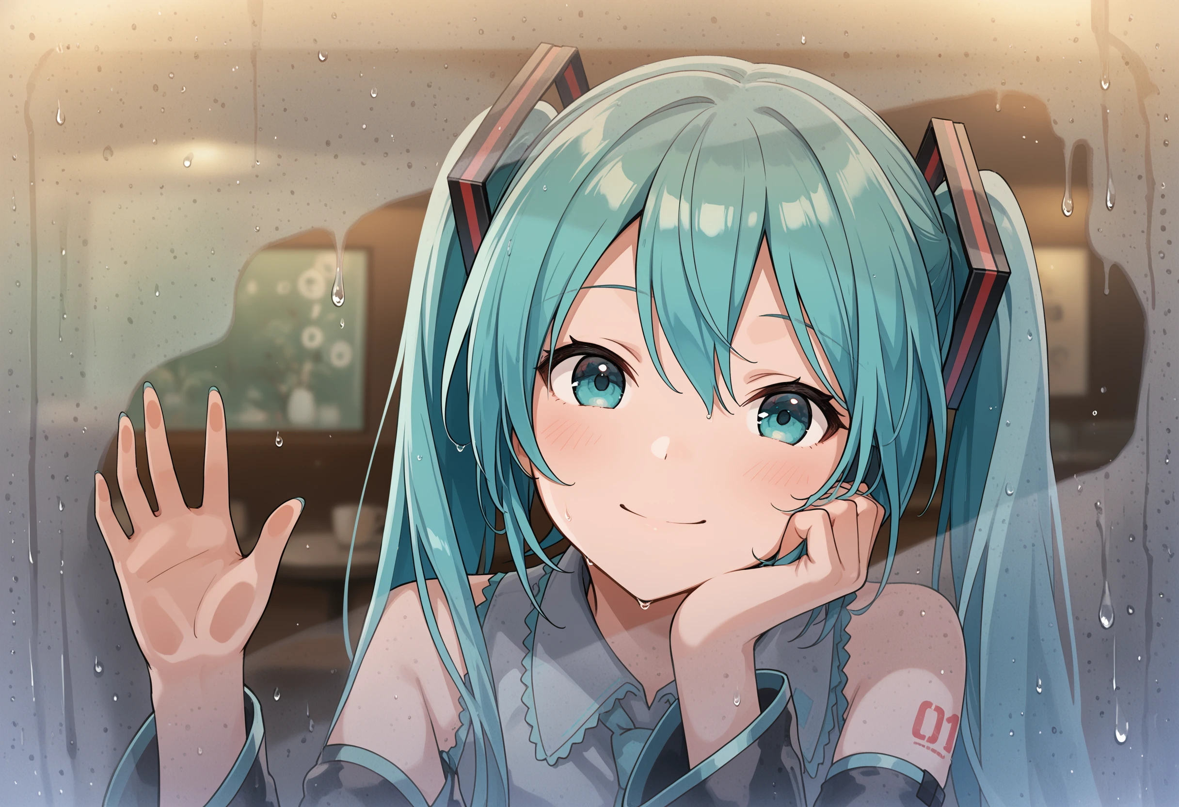 masterpiece, best quality, absurdres, safe
1girl, condensation, hand on glass, blurry, water drop
hatsune miku, head rest, reflection, cafe
<lora:glass_fog_wiping_il_d32:1>