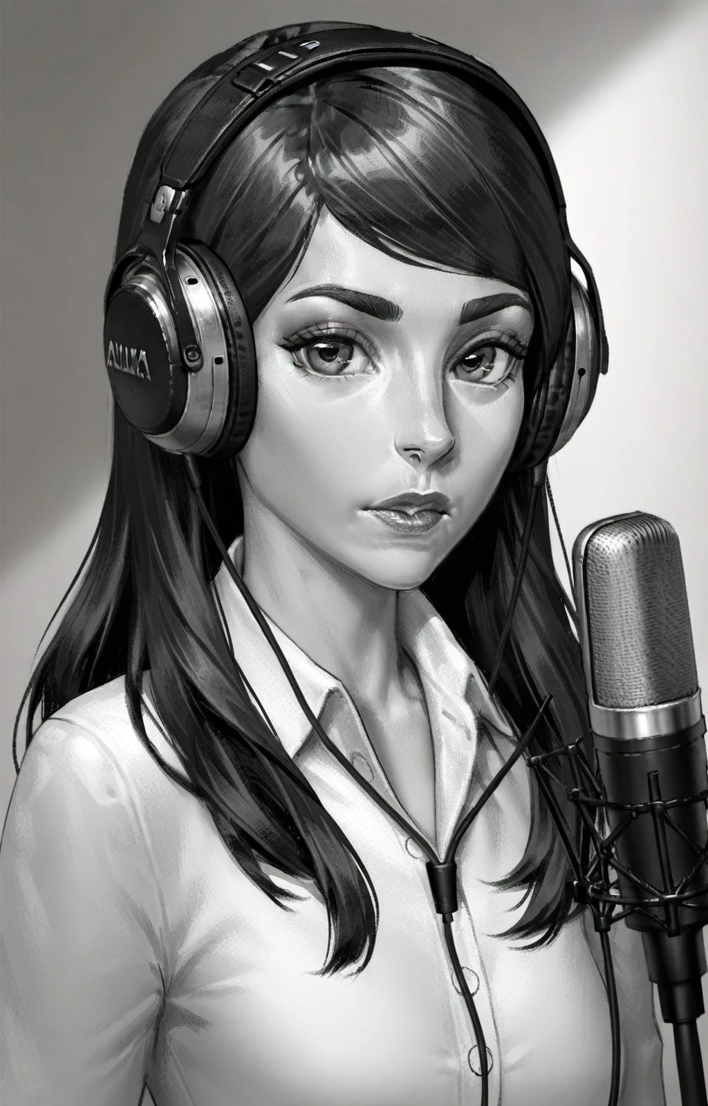 masterpiece, best quality, <lora:polina_morozova_ill_v1:0.7> polina_morozova, 1girl, solo, long hair, looking at viewer, shirt, upper body, monochrome, greyscale, collared shirt, lips, swept bangs, headphones, microphone, realistic