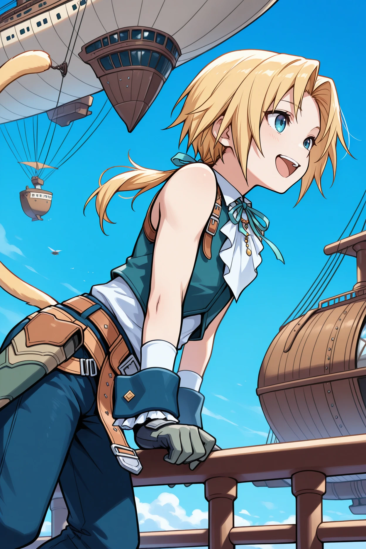 masterpiece, best quality, 1boy, solo, male focus, <lora:ffzidane-illu-nvwls-v1-000005:1> z1d4ne, blonde hair, parted bangs, low ponytail, blue eyes, tail, white shirt, sleeveless shirt, white shirt, white ascot, neck ribbon, blue vest, gloves, wrist cuffs, belt, blue pants, railing, sky, blue sky, leaning over railing, happy, open mouth, airship, blue background, from side, midair, riding on ship