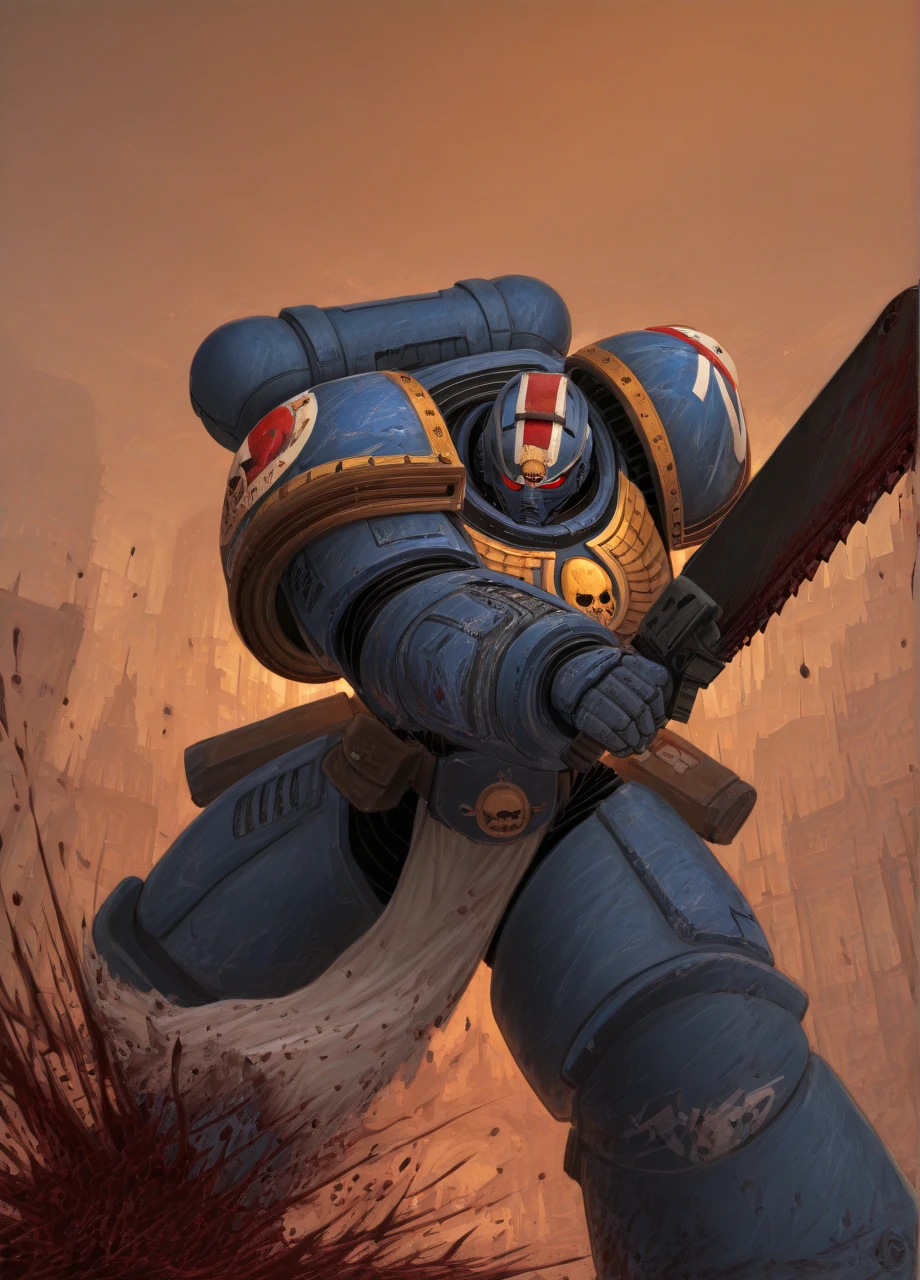 <lora:WH40K_Titus-IL:1> whtitus, helmet, red eyes, holding weapon, chainsaw blade, solo, ultramarine, emblem, pelvic curtain, pauldrons, power armor, fighting, violence, alien swarm, blood splatter, masterpiece, best quality, aesthetic, stylish painting