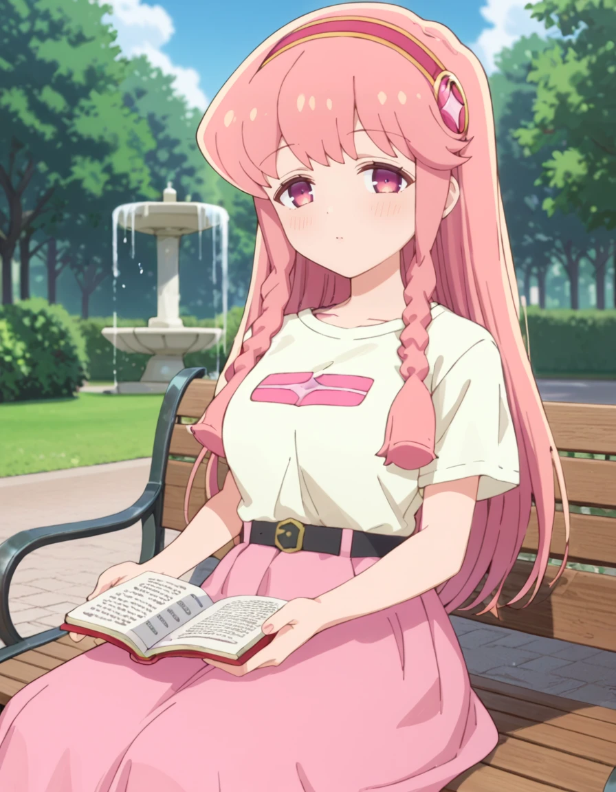 score_9, score_8_up, score_7_up, source_anime, BREAK
1girl, solo, looking at viewer, outdoors, bench, day, sky, blurry background, reading book, book, park, trees, fountain, 
mami kirara (puniru wa kawaii slime), long hair, pink hair, hairband, sidelocks, twin braids, pink eyes,
casual outfit, pink shirt, t-shirt, short sleeves, belt, long skirt,
<lora:mami_kirara-puniru_wa_kawaii_slime_s1-anime-soralz:1>