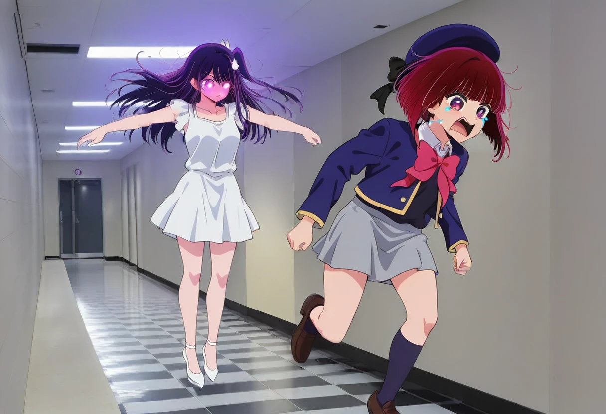 (masterpiece, high quality, amazing detail), highres, floating boy chasing running boy meme,
BREAK
{1girl, hoshino ai, oshi no ko, purple hair, white dress, glowing eyes, looking down, floating, mid air, t pose}
BREAK
{1girl, arima kana, red hair, school uniform, skirt, running, crying, open mouth} <lora:floating_chasing_meme:1>,