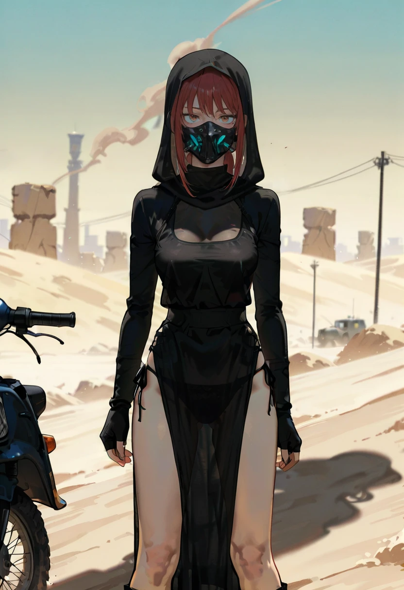 1girl,solo,looking at viewer, desert, dust storm, tsh dress, black dress, see-through, fingerless gloves, mask, pelvic curtain, hood, underwear, panties, makima_(chainsaw_man), annin musou,ground vehicle,