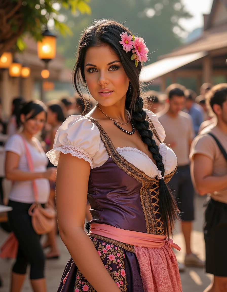 **Prompt:**
A woman stands proudly in front of a traditional Bavarian backdrop, her long braid cascading down her back like a waterfall. She wears a intricately detailed dirndl attire, complete with delicate lace and embroidery, perfectly capturing the essence of Oktoberfest.
The camera captures her from a 45-degree angle, emphasizing her slender neck and shoulders as she gazes directly at the viewer. Soft, warm light from a nearby lantern casts a flattering glow on her skin, accentuating her high cheekbones and full lips.
In the background, the real Oktoberfest festivities unfold: revelers in traditional attire dance and sing around tables laden with steins of beer, while others play lively tunes on accordions and brass instruments. The atmosphere is electric, with vibrant colors and sharp lines that create a sense of depth and dimensionality.
As the camera lingers, it becomes clear that this woman is not just any festival-goer â she's the star of the show. Her dirndl attire is immaculately detailed, from the intricate patterns on her apron to the delicate flowers in her hair. Every stitch, every thread, every detail is meticulously rendered, creating a photorealistic masterpiece.
In a stunning double exposure effect, the woman's image is superimposed over a blurred background of revelers and festivities, creating an otherworldly sense of presence. The result is a truly cinematic scene that transports the viewer to the heart of Oktoberfest.
**Technical Specifications:**
* Resolution: 16k UHD
* Aspect Ratio: 1:1
* Frame Rate: 24fps
* Color Space: Rec. 2020
* Lighting: Soft, warm natural light with subtle highlights and shadows
This image is a true masterpiece, showcasing the artist's skill and attention to detail in capturing the essence of Oktoberfest. With its ultra-sharp lines, intricate details, and photorealistic quality, it's sure to be an award-winning work that leaves a lasting impression on all who see it.