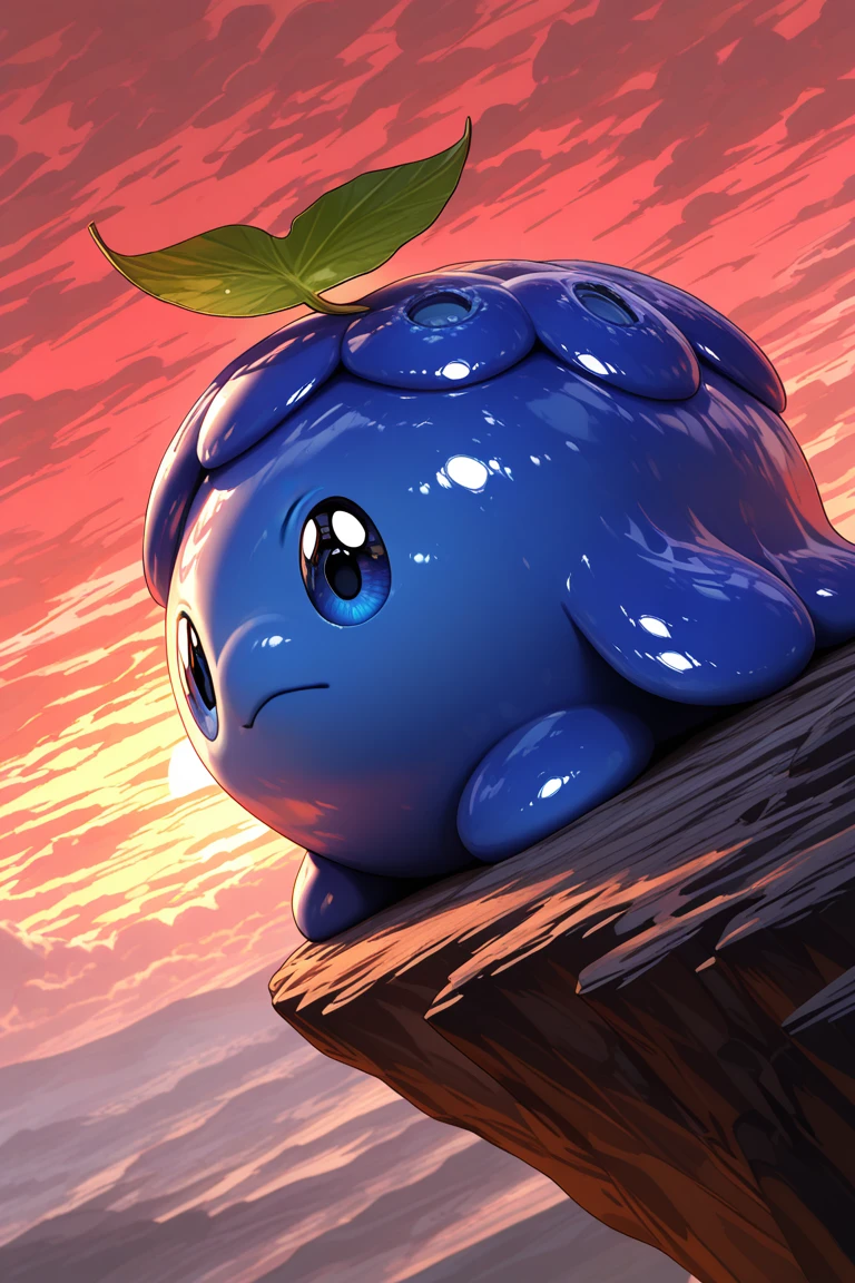 realistic shading, sidelighting, blueberry-creature focus, looking away, serious expressive face, daberry, green_daberry_leaf on head, blue_daberry_hair, blue eyes, 1blueberry creature, pokemon (creature), closed mouth, contemplating, afternoon blurry outdoors cliff, sunset, cloudy red sky, fantasy, from side, dynamic angle, motion lines, fidgetting, intricately detailed illustration, depth of field, masterpiece, best quality, amazing quality, very aesthetic, absurdres, newest