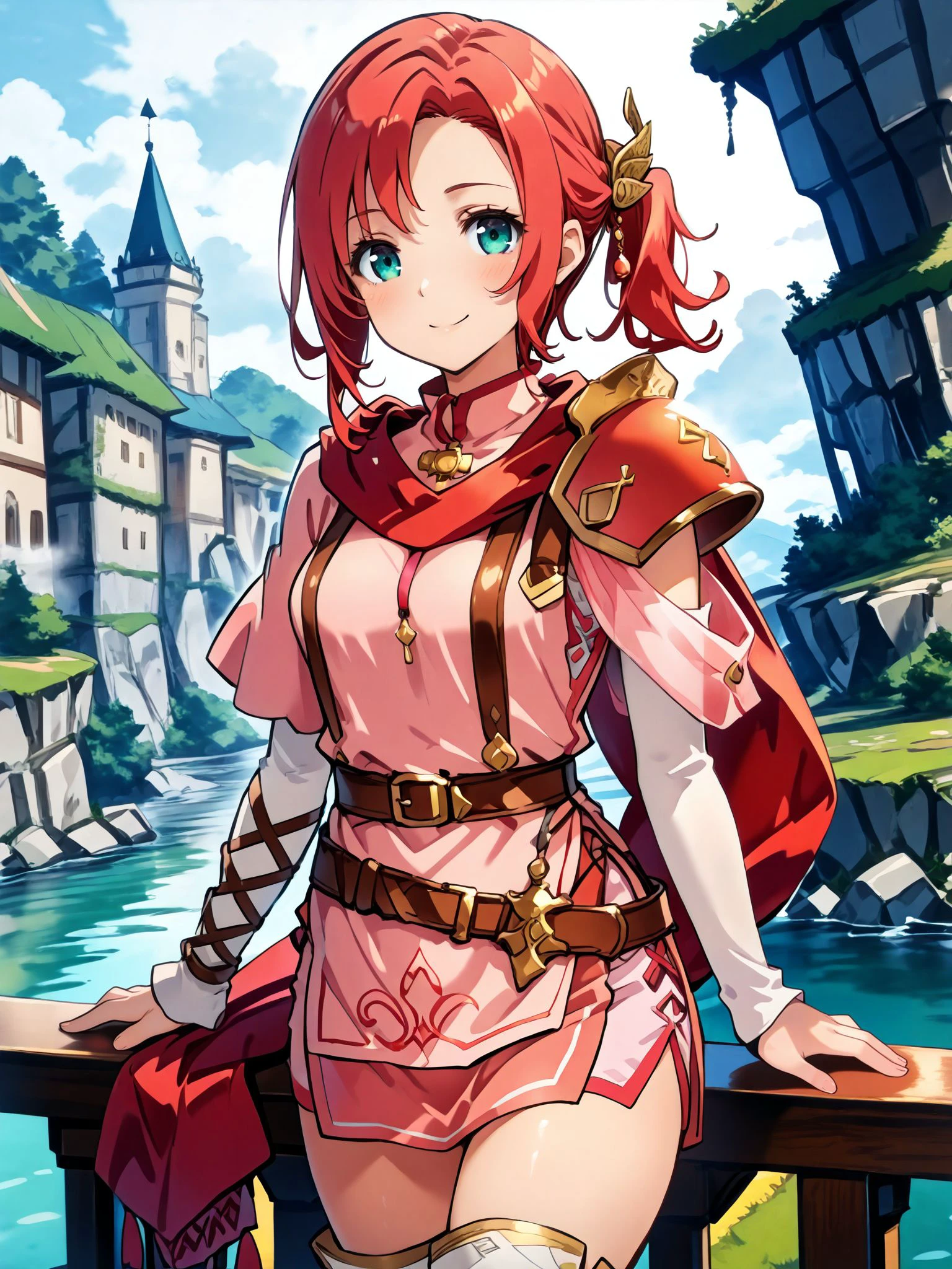 masterpiece,best_quality,1girl,solo,<lora:norne feh 2outfits_illustriousXL:0.8>,norne feh,hair ornament,shoulder armor,cape,red scarf,bridal gauntlets,pink dress,belt,thighhighs,cowboy shot,standing,smile,looking at viewer,