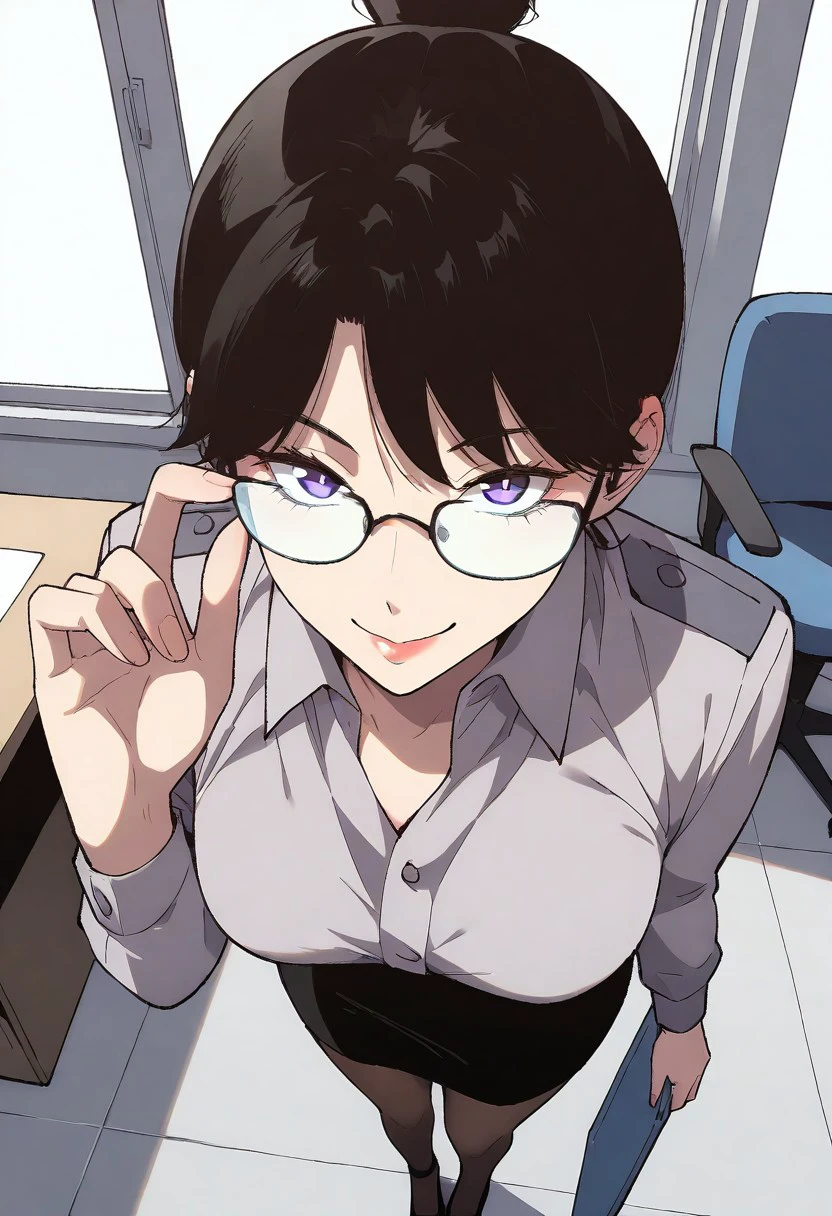 sh3nj14nm1shu,black hair,single hairbun,tied hair,purple eyes,long sleeves shirt,pencil skirt,pantyhose,heels,glasses
BREAK
close-up,perspective,face focus,looking at viewer,from above,cowboy shot
BREAK
mature,seductive smile
BREAK
adjusting glasses,standing ,holding book,standing,hand up
BREAK
window,office,desk,chair
BREAK
masterpiece,amazing quality,absurdres,newest,very aesthetic,detailed pupils