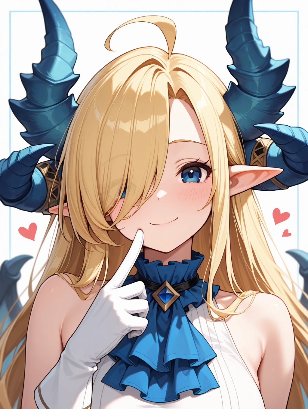 bianca, 1girl, solo, long hair, looking at viewer, smile, blue eyes, blonde hair, gloves, bare shoulders, upper body, ahoge, heart, horns, sleeveless, pointy ears, white gloves, hair over one eye, ascot, blue horns


masterpiece, best quality,amazing quality, very aesthetic, absurdres, depth of field, blurry background, extremely detailed face, detailed eyes