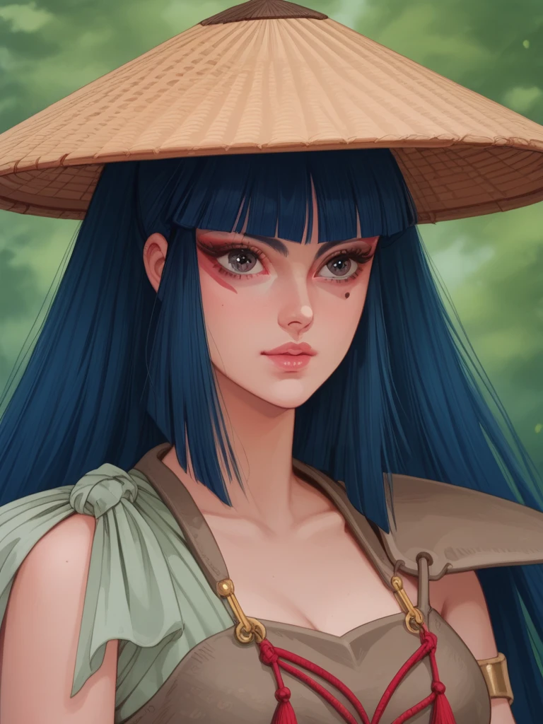 score_9, score_8_up, score_7_up, <lora:Straw_Hat-000006:1>, strawhat, conical hat, 1girl, female, armor, shoulder armor, exposed midriff, blue hair, top knot, long hair, eye makeup, lady kayura, ladykayura, <lora:Lady_Kayura:1>