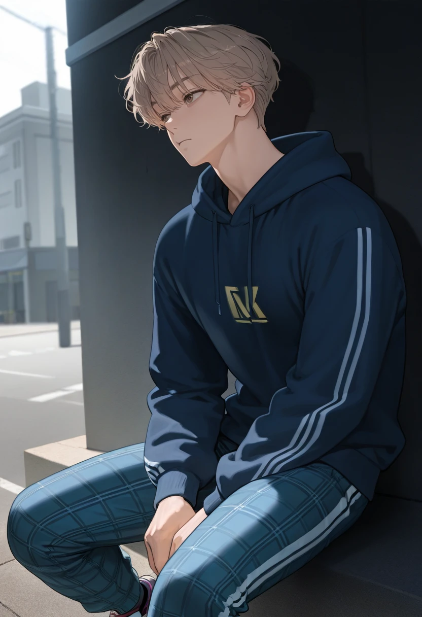 masterpiece,best quality,amazing quality,very aesthetic,absurdres,newest,Volumetric Lighting,available light,highres,realistic shadows,1boy,male focus,solo,light brown hair,curly hair,short hair,sweatshirt,pectorals,blue plaid_pants,sneakers,sitting,outdoors,day,street,<lora:handsome_guy_style_2:0.6>,<lora:trt_v0.3_noobai_cwhj:0.7>,