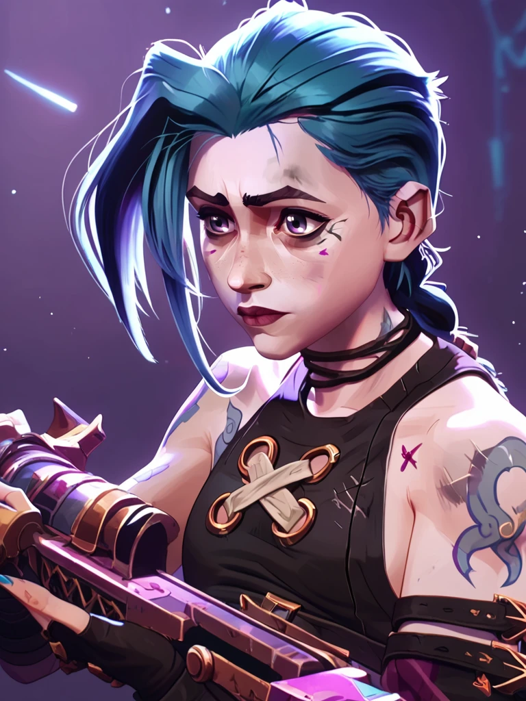 score_9, score_8_up, score_7_up, fractured, jinx, a character with vibrant hair and elaborate armor, seated with a serious expression, 1girl, solo, long hair, looking at viewer, purple hair, gloves, holding, upper body, weapon, colored skin, star \symbol\, colored hair, shoulder armor, volumetric lighting  <lora:arcane_pony_v2:1>