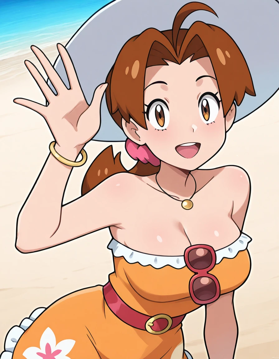 masterpiece, best quality, 1girl, <lora:Delia_Ketchum_IL:1>, deliaketchum, brown hair, low ponytail, ahoge, pink scrunchie, deliasummer, white hat, necklace, summer dress, strapless, sleeveless, orange dress, print dress, flower print, frilled dress, (cleavage:1.2), unworn eyewear, red belt, bracelet, looking at viewer, smile, open mouth, arm up, waving, beach, ocean