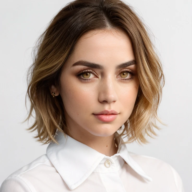 ((plain white background)), closeup portrait of anadearmas wearing (white collared shirt), (medium hair, blonde hair, wavy hair, layered hair), (looking at viewer),   <lora:anadearmas-05:0.95>