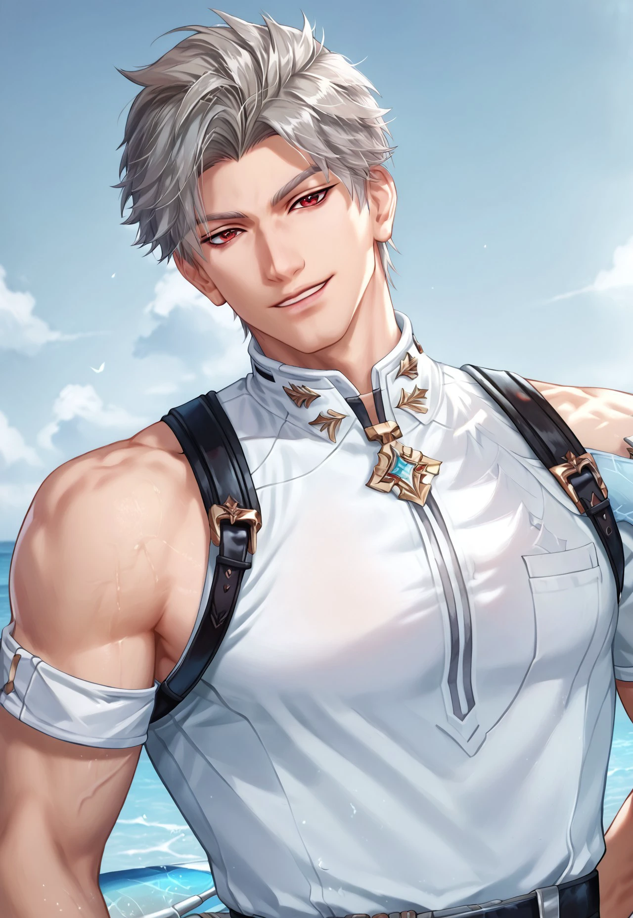 score_9, score_8_up, score_7_up, score_6_up, 8k, highest quality, high detail, masterpiece, best quality, beautiful lighting, (highest quality), source_anime, (best shadow), intricate details, ultra-detailed face, detailed eyes, perfect face, detailed eyes, anime, source_anime, BREAK, (1male, bara, daddy, mature male, Love_and_DeepSpace,red eyes,grey hair, muscular, sylus), looking at viewer, smile, casual outfit, cowboy shot