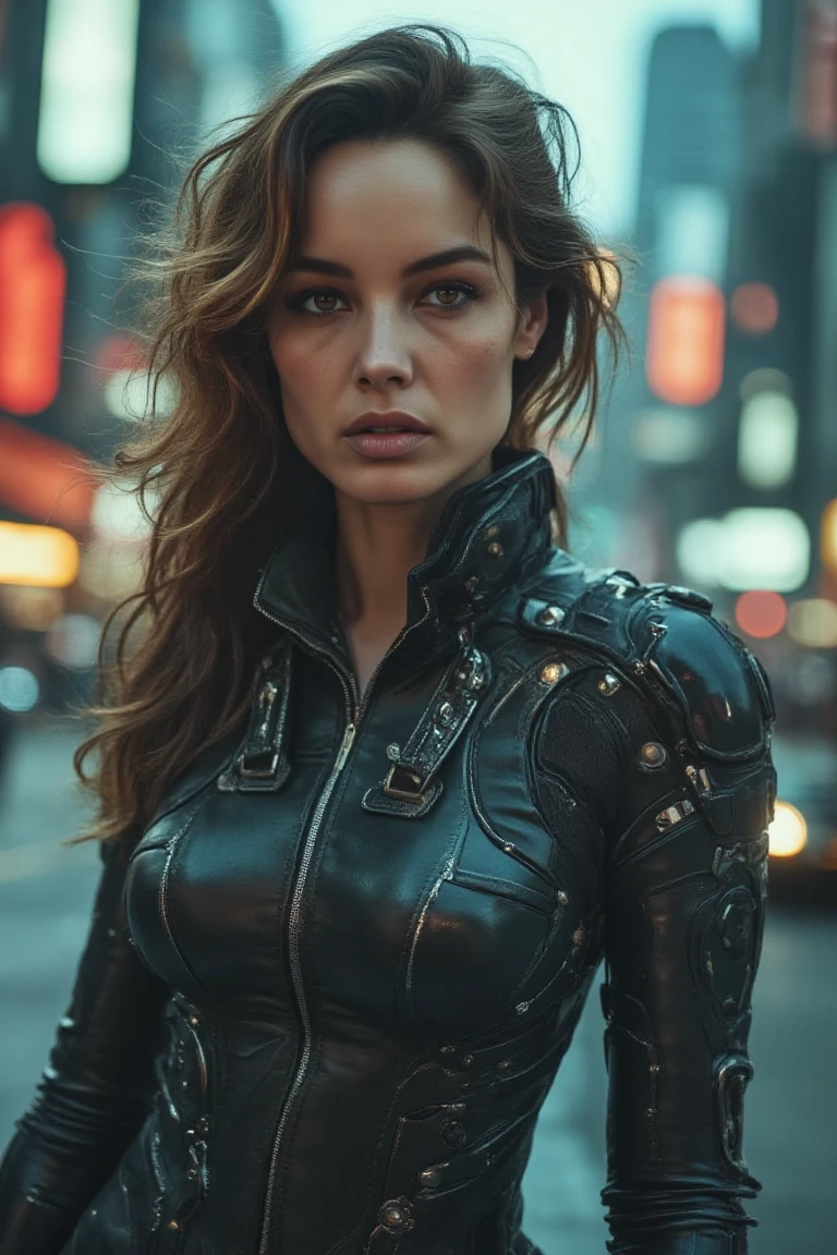 (photo of a cybernetic woman), (soft even lighting), (futuristic city behind), (wearing cybernetic clothes in cyberpunk world), detailed face, detailed eyes, ((medium body  portrait)), masterpiece, ((best quality)), (eye contact), looking at the viewer, centred, shot from front