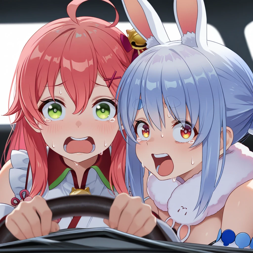 (masterpiece, high quality, amazing detail), highres, power crashes kobeni's car (meme), 2girls, hololive, usada pekora, sakura miko, multiple girls, car interior, steering wheel, look at viewer, crying with wide eyes open, nervous sweating, from front, <lora:power_crashes_car_meme-10:1>