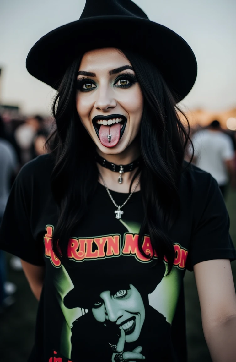 , ultra detailed, ultra realistic, ultra defined textures, cinematic, cinematic lighting, 8k, analog photo, 35mm,  in an outdoor music festival, maniac smile, pierced tongue, heavy drematic black makeup, a young beautiful tall woman wearing a Marilyn Manson t-shirt, smells like children <lora:metal-gothic-girls:1> <lora:Rock&Metal-tshirts-Mar1lynManson-children:1> mar1lyn, Photorealistic, Hyperrealistic, Hyperdetailed, analog style, soft lighting, subsurface scattering, realistic, heavy shadow, masterpiece, best quality, ultra realistic, 8k, golden ratio, Intricate, High Detail, film photography, soft focus