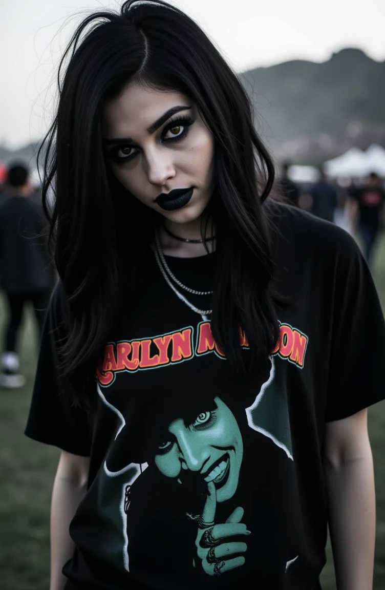 , ultra detailed, ultra realistic, ultra defined textures, cinematic, cinematic lighting, 8k, analog photo, 35mm, in an outdoor music festival, heavy drematic black makeup, a young beautiful tall woman wearing a Marilyn Manson t-shirt, smells like children <lora:metal-gothic-girls:1> <lora:Rock&Metal-tshirts-Mar1lynManson-children:1> mar1lyn, Photorealistic, Hyperrealistic, Hyperdetailed, analog style, soft lighting, subsurface scattering, realistic, heavy shadow, masterpiece, best quality, ultra realistic, 8k, golden ratio, Intricate, High Detail, film photography, soft focus